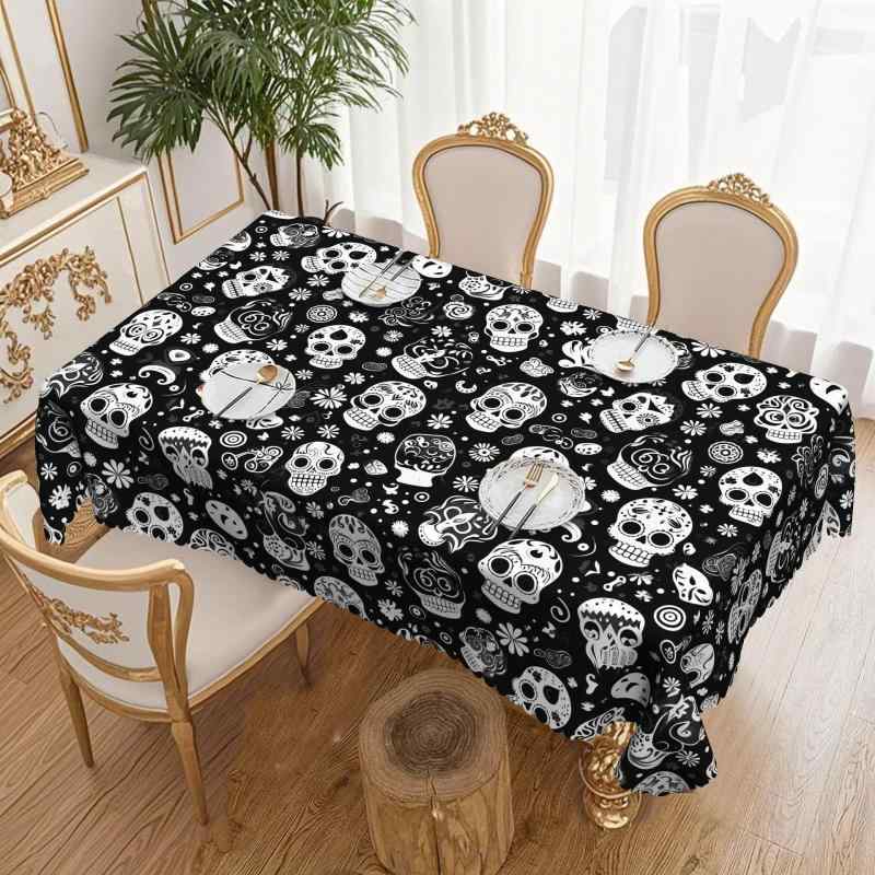 テーブルクロス ハロウィン 円形 スカル 花柄 蜘蛛の巣 黒猫 白黒 ポリエステル 防水 防油 耐久 食卓 ダイニング パーティー イベント デコレーション 装飾