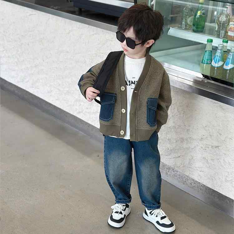 キッズ 男の子 春秋 切り替え デニム カーディガン 2点セット 綿素材 長袖 ロングパンツ カジュアル 前開き ボタン クール おしゃれ 肌触り良い グリーン チャコールグレー