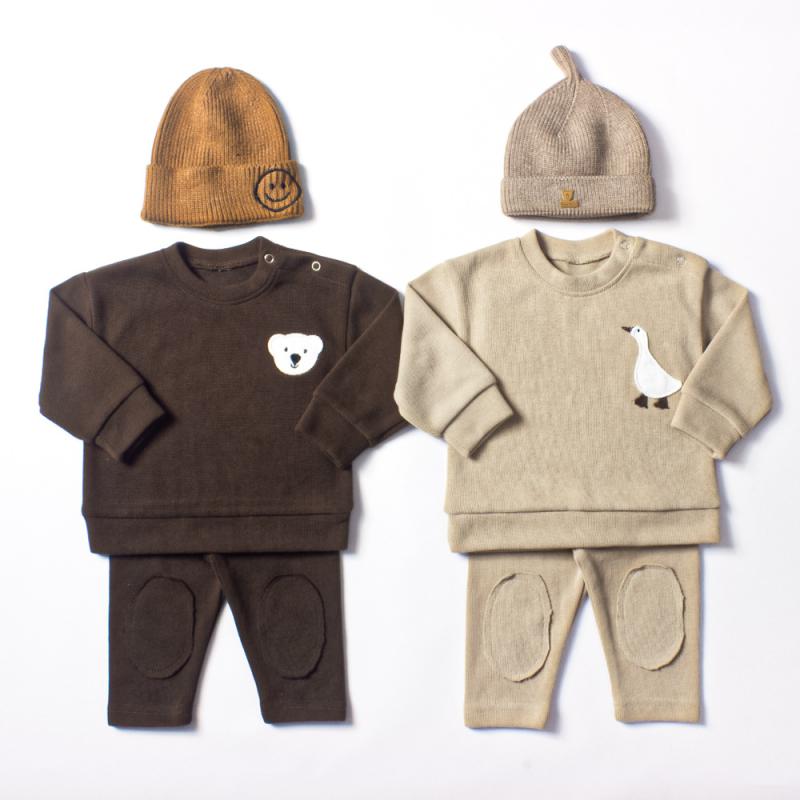 スウェット セットアップ 男の子 ベビー キッズ クマ アヒル 刺繍 綿素材 長袖 ロングパンツ 2点セット 春秋 米色 ブラウン カジュアル 普段着
