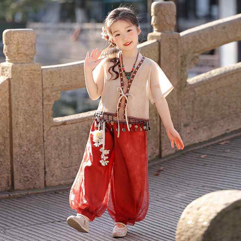 漢服 女の子 キッズ 中国風 古風 プリンセス お姫様 唐装 舞台衣装 発表会 イベント 夏物 ワンピース ドレス ポリエステル 薄手 柔らか 小学生 幼児