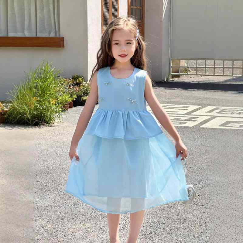 ワンピース 女の子 キッズ ガールズ 子供用 リヨセル テンセル ノースリーブ 軽やか シルク調サテン 裾 プリンセスライン フレンチドレス 夏 ブルー お出かけ フォーマル 発表会