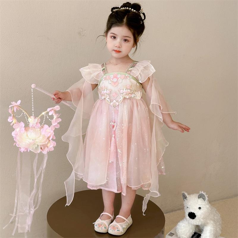 漢服 女の子 女児 プリンセスドレス 中国風 子供服 ベビーウェア 薄手 軽量 ソフト 柔らかい肌触り ナイロン素材 春夏 アニマル柄 ワンピース キッズ 幼児 普段着 リラックスウェア