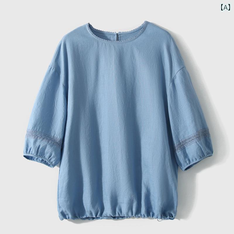 Tシャツ レディース 麻 七分袖 パフスリーブ 丸首 切り替え プルオーバー 通勤 夏 スカイブルー ミドル丈 柔らか 涼やか エレガント｜花りぼん