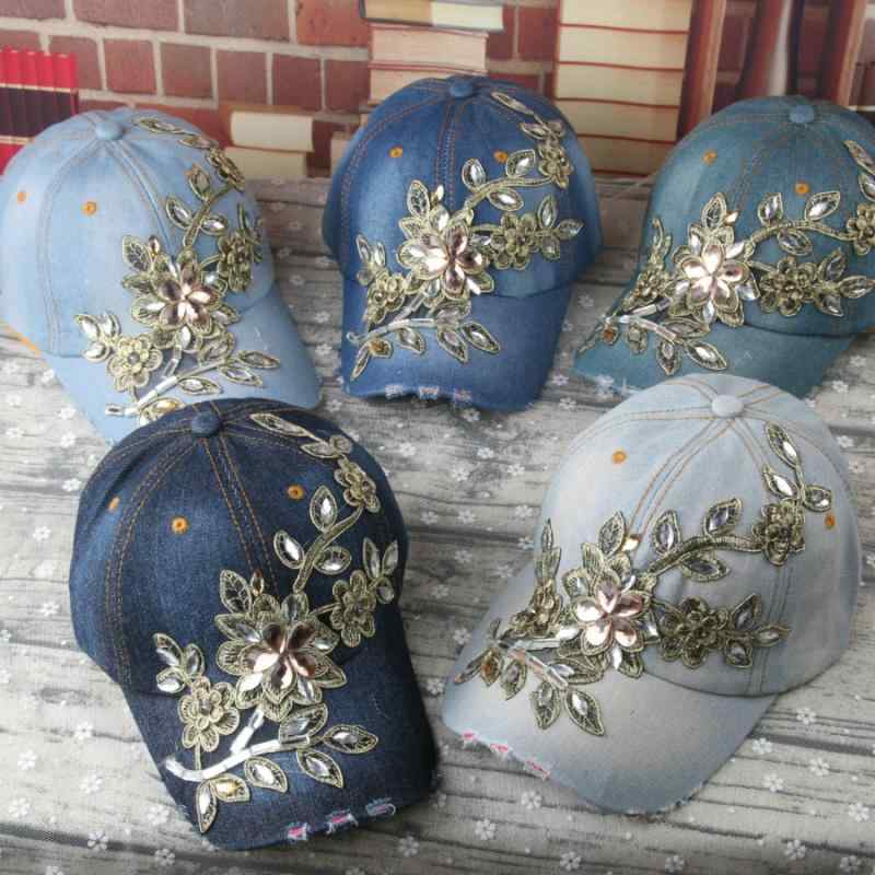 キャップ レディース 手作り デニム 野球帽 金糸花柄 ラインストーン ビジュー装飾 9色 春夏秋 日よけ UVカット つば広 通気性 カジュアル 普段使い