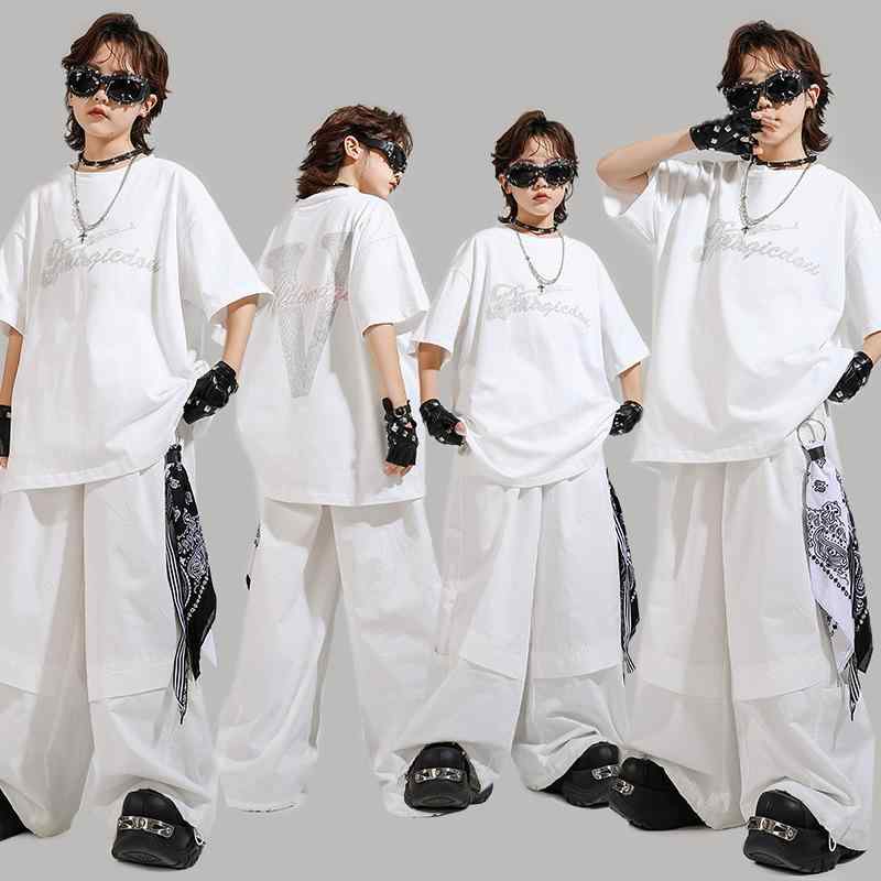 キッズ ダンスウェア 男の子 女の子 男女兼用 ポッピング ストリートダンス ジャズダンス ドラム 発表会 衣装 ステージ パフォーマンス クール スタイリッシュ コットン 柔らか 半袖トップス ロングパンツ
