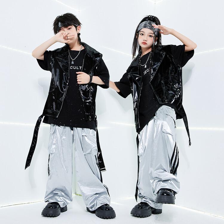 キッズ ダンス衣装 男の子 女の子 男女兼用 ストリート ヒップホップ 発表会 ステージ パフォーマンス クール ベスト 半袖 3点セット ドラム演奏