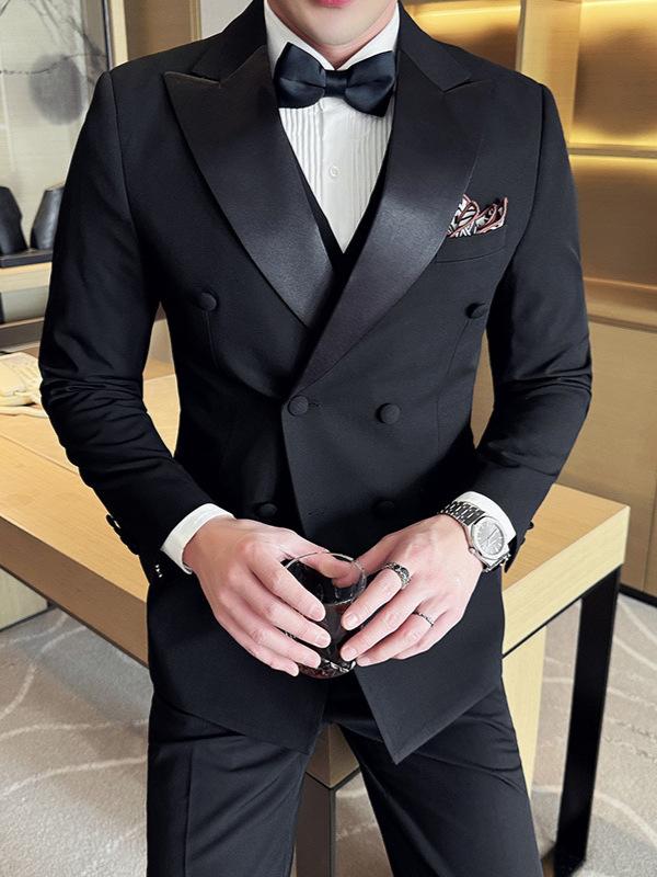 スーツ メンズ スリーピース セットアップ ダブルブレスト タキシード 結婚式 新郎 ウェディング フォーマル 礼服 披露宴 パーティー 宴会 二次会 発表会 演奏会 司会 スリムフィット 細身 ピークドラペル 春夏 混紡素材 ブラック