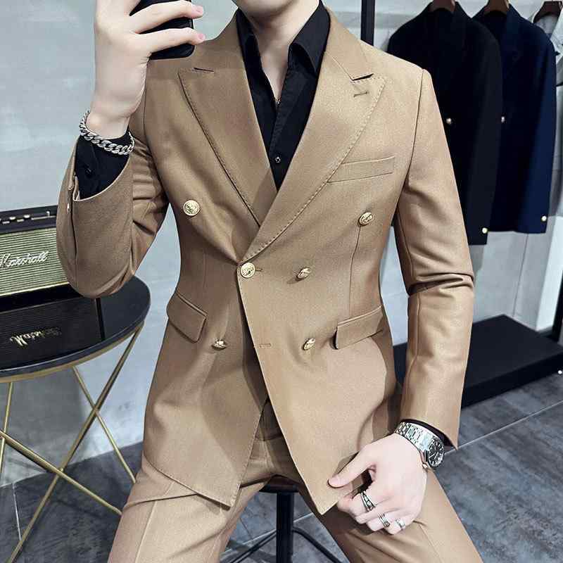 スーツ メンズ 男性用 ダブルブレスト ピークドラペル スリムフィット 細身 ツーピース セットアップ メタルボタン ビスコース混 ブラック ブルー カーキ ビジネス フォーマル 春夏