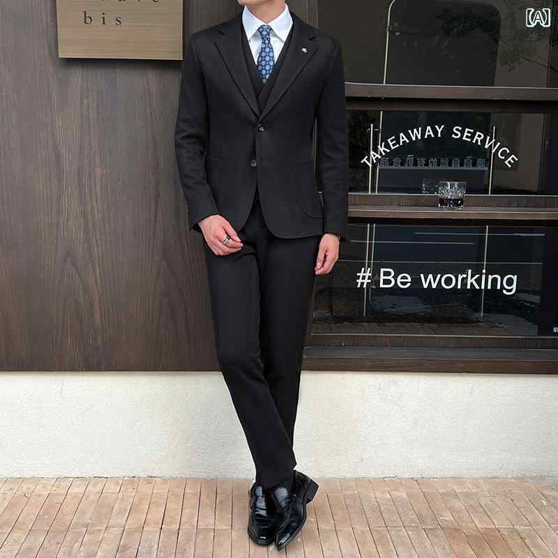 スーツ メンズ 男性用 スリーピース セットアップ ビジネス オフィス 通勤 フォーマル カジュアル 結婚式 パーティー 細身 スリムフィット ダブルボタン 厚手 防寒 保温 混紡 秋冬｜花りぼん