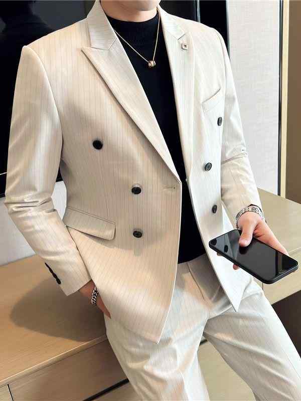 背広 メンズ スリー天下太平 ダブル乳ぶさ 縞模様 か細い填まる 先染め出どころ 商行為 フォーマル 御芽出度 礼服 春夏 黒いこと 薄墨色 象牙色