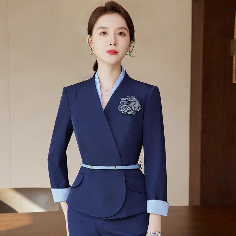 スーツ セットアップ レディース オフィス ビジネス 通勤 制服 ホテル受付 エステ 美容院 ユニフォーム 春夏 ポリエステル ブルー系 上品 エレガント 高級感
