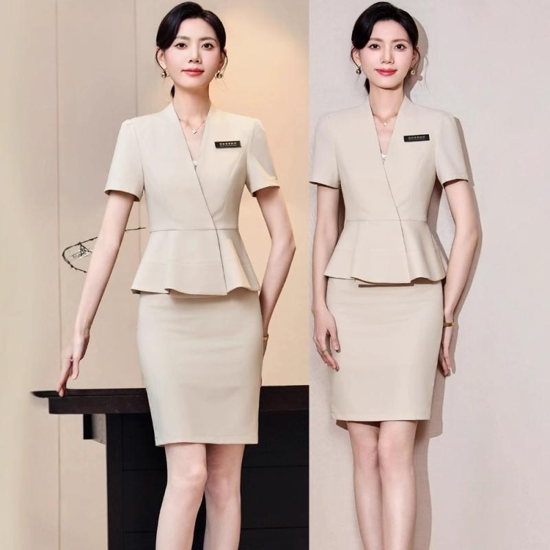 スカートスーツ レディース 春夏 七分袖 ジャケット セットアップ オフィス ビジネス 制服 ユニフォーム ホテル 受付 事務服 美容院 ポリエステル レーヨン