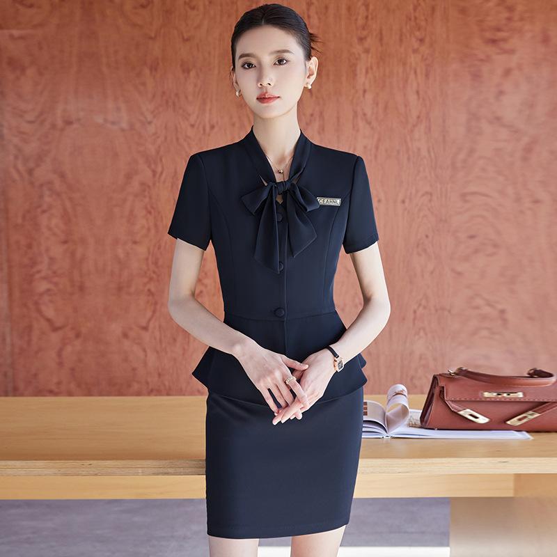 制服 レディース 半袖 セットアップ リボン付き ポリエステル ホテル 受付 事務服 ビジネス オフィス OL ユニフォーム スーツジャケット エレガント 上品 黒 紺 白 春夏