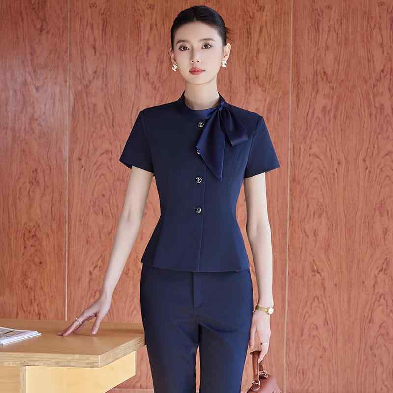 スーツ セットアップ レディース Vネック 半袖 ビジネス オフィス 通勤 ポリエステル 制服 ユニフォーム 受付 接客 事務用 きれいめ スマート 上品 春夏