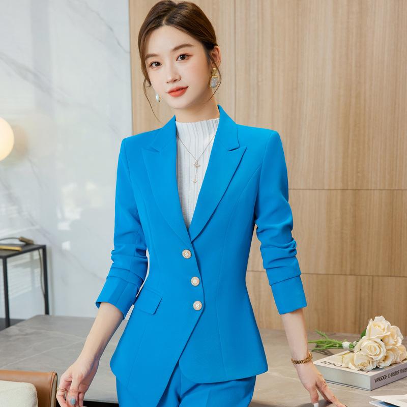 ジャケット レディース ブルー スリムフィット 秋冬 通勤 オフィス ビジネス フォーマル 制服 セットアップ ポリエステル 長袖 レギュラー袖 エレガント 上品