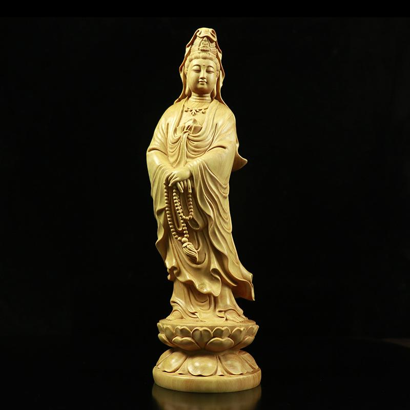 仏像 ツゲ 木彫り 観音菩薩像 立体彫刻 木製 置物 工芸品 研磨仕上げ 和室 リビング 室内 インテリア オブジェ 中華風 アジアンテイスト