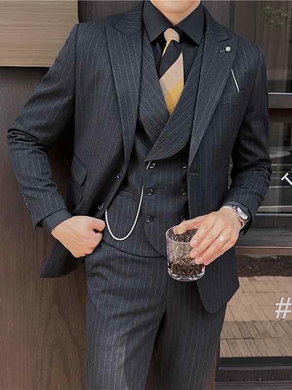 背広 メンズ フォーマル スリー天下太平 セットアップ か細い填まる ツーボタン 縞模様 上衣 より良い スラックス 3点仕掛ける 御芽出度 寄りあい 花むこ 御手伝い人 商行為 春夏 舎密学衣料繊維混紡 細身