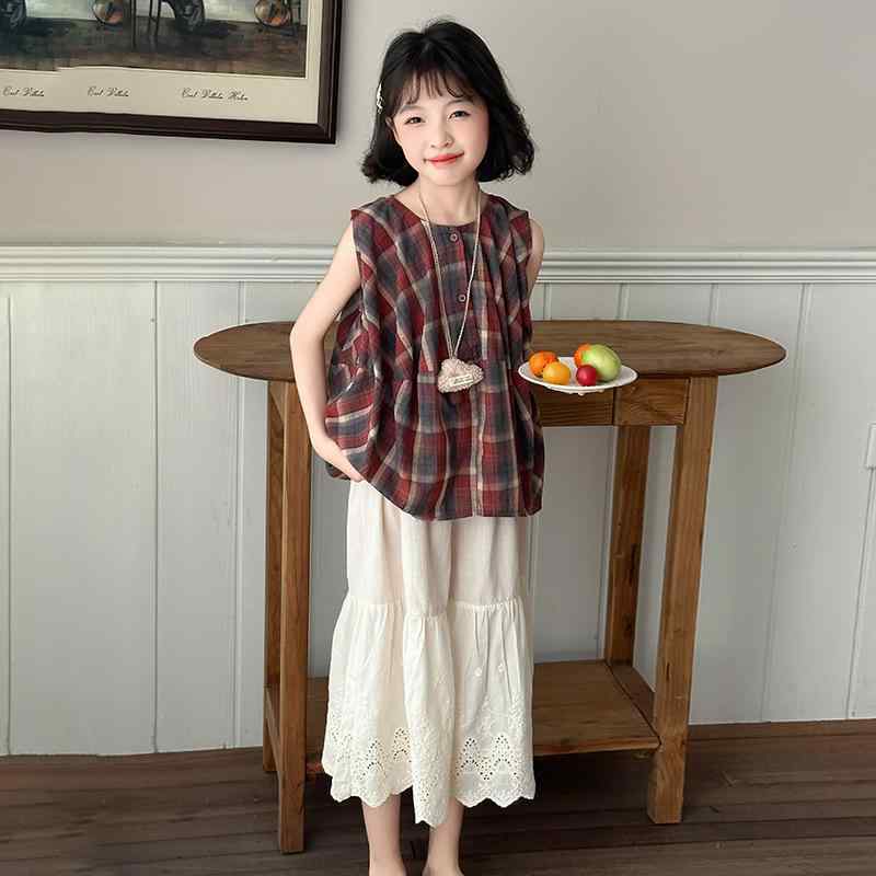 キッズ ガールズ セットアップ 春夏 ノースリーブ 綿麻 トップス ワイドパンツ 薄手 チェック柄 おしゃれ カジュアル ゆったり ツーピース