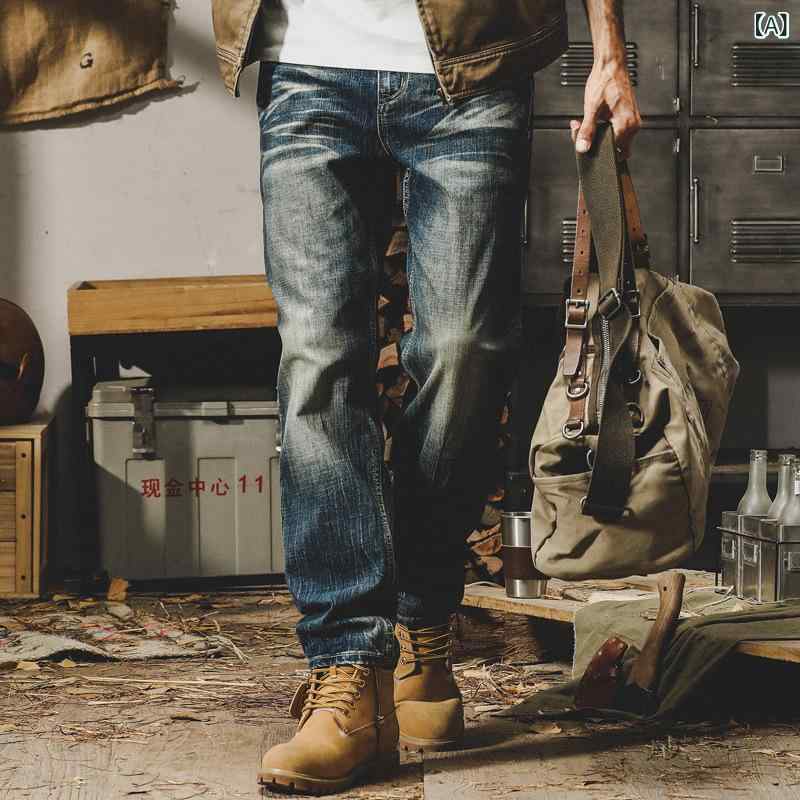 デニムパンツ メンズ ストレート ビンテージ ユーズド加工 ウォッシュ加工 綿 フルレングス 5ポケット ストレッチ 春秋 カジュアル アメカジ 普段使い ミッドウエスト ブルー