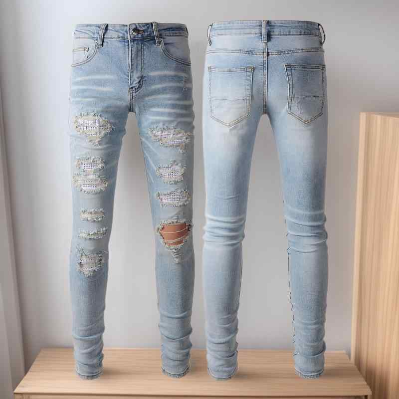 デニムパンツ メンズ ダメージ加工 ラインストーン ストレッチ スキニー スリムフィット ライトブルー カジュアル ストリート 綿混 アメカジ