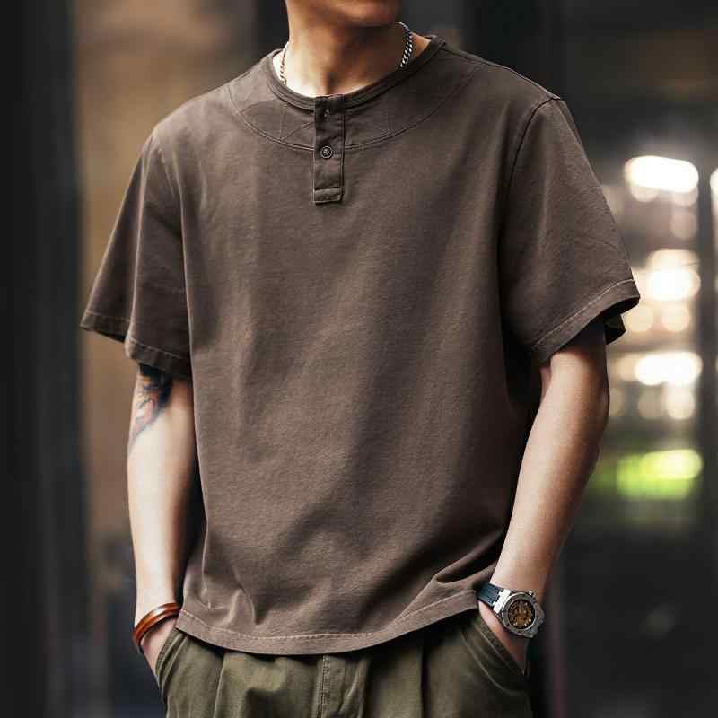 Tシャツ メンズ 夏 アメリカン レトロ アメカジ トレンド カジュアル ゆったり ヘンリーネック 綿 半袖 抗菌 薄手 配色襟