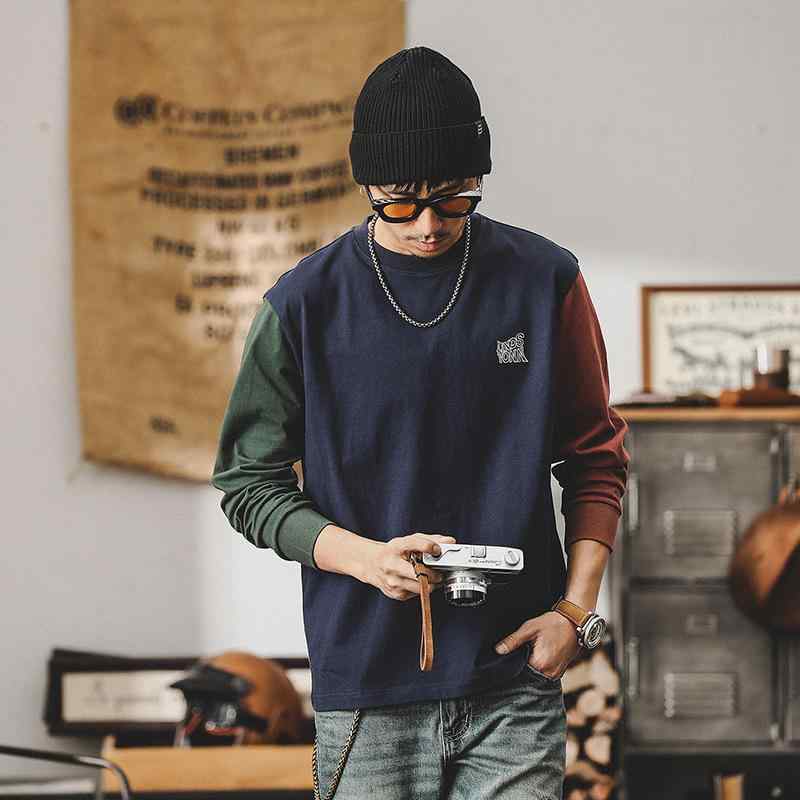 Tシャツ メンズ 長袖 クルーネック コットン 切り替え ロゴプリント ビッグシルエット ルーズフィット アメカジ ストリート カジュアル トップス 春秋冬