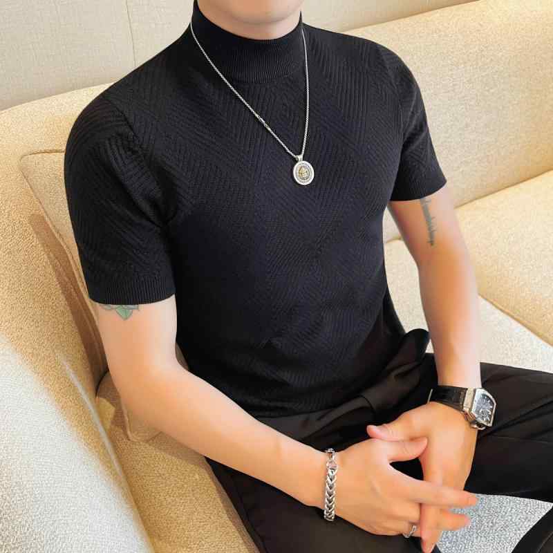 ニット Tシャツ メンズ カットソー 半袖 モックネック ハイネック スリムフィット 韓国風 春夏 普段使い デイリー インナー 通気性 伸縮性 ポリエステル混紡