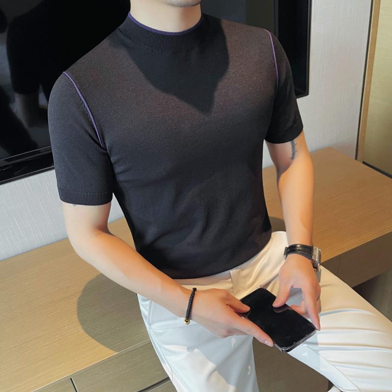 Tシャツ メンズ 男性用 半袖 ショートスリーブ モックネック ハイネック ニット セーター スリムフィット 細身 タイト インナー アンダーシャツ カジュアル 韓国風 プルオーバー 無地 通気性 快適 ポリエステル 春夏 黒 グレー ベージュ 紫