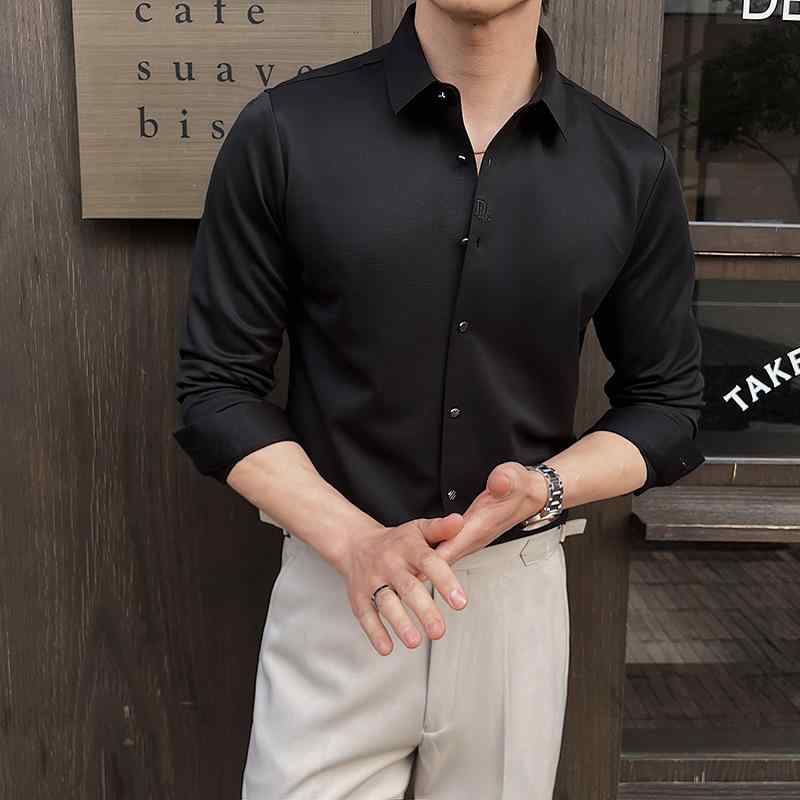 シャツ メンズ 男性用 長袖 スリムフィット ビジネス カジュアル 通勤 オフィス 快適 肌触り良い 高伸縮性 ストレッチ 形態安定 ナイロン 化学繊維混紡 無地 春秋