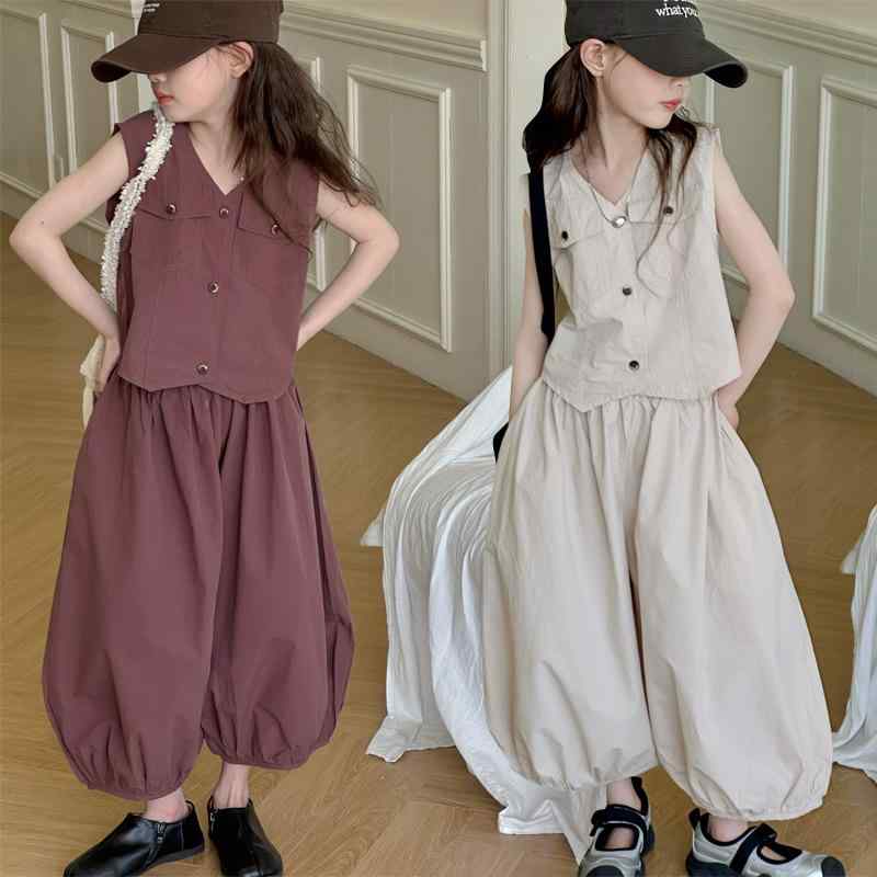 ガールズ セットアップ 夏 ノースリーブ ベスト ワイドパンツ 2点セット コットン 綿 カジュアル リラックス 普段使い お出かけ 無地 ゆったり ロングパンツ ワインレッド ベージュ