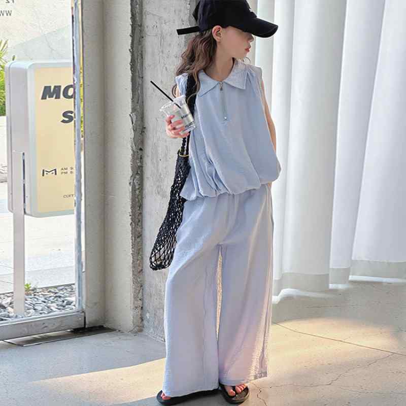 セットアップ 女の子 キッズ ジュニア ノースリーブ シャツ ブラウス ワイドパンツ コットン 薄手 無地 韓国風 カジュアル お洒落 お出かけ 通学 快適 涼しい 夏物 ブルー