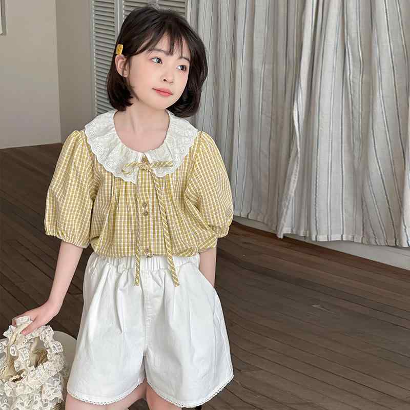 キッズ 女の子 セットアップ 夏 半袖 Tシャツ ショートパンツ 上下セット ピーターパンカラー 丸襟 綿 薄手 かわいい カジュアル ガーリー 通学着
