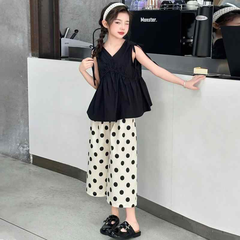 キッズ 女の子 ジュニア セットアップ パンツ 2点セット ノースリーブ トップス チュニック ドット 水玉 綿 コットン 薄手 軽量 春夏 かわいい おしゃれ 韓国風 普段使い お出かけ