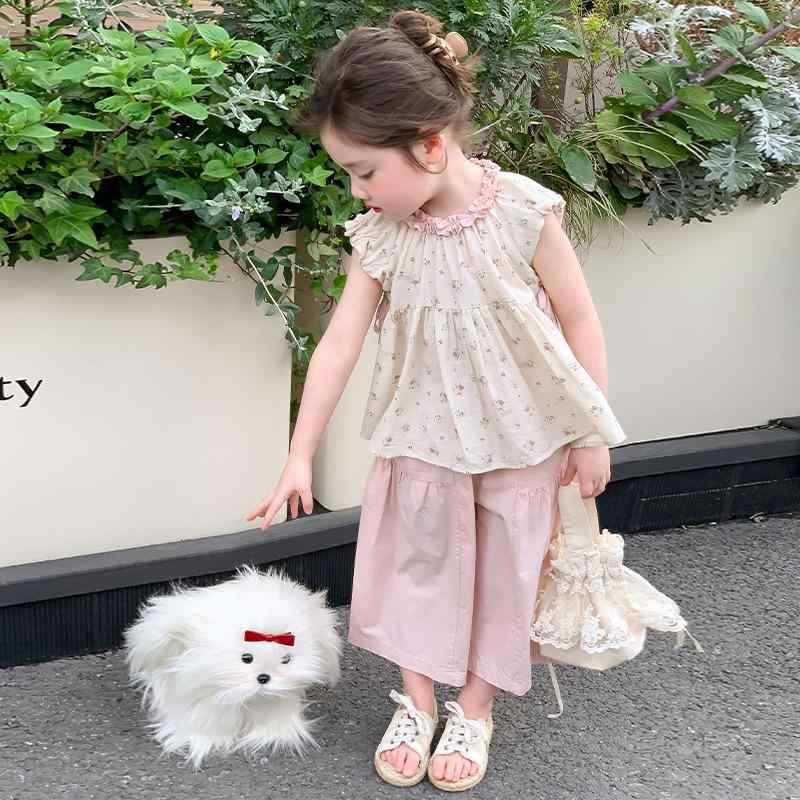 子供服 女の子 春夏 ナチュラル 小花柄 セットアップ 綿混 薄手 ノースリーブトップス ワイドパンツ 上下セット 韓国ファッション 普段使い ピンク パープル