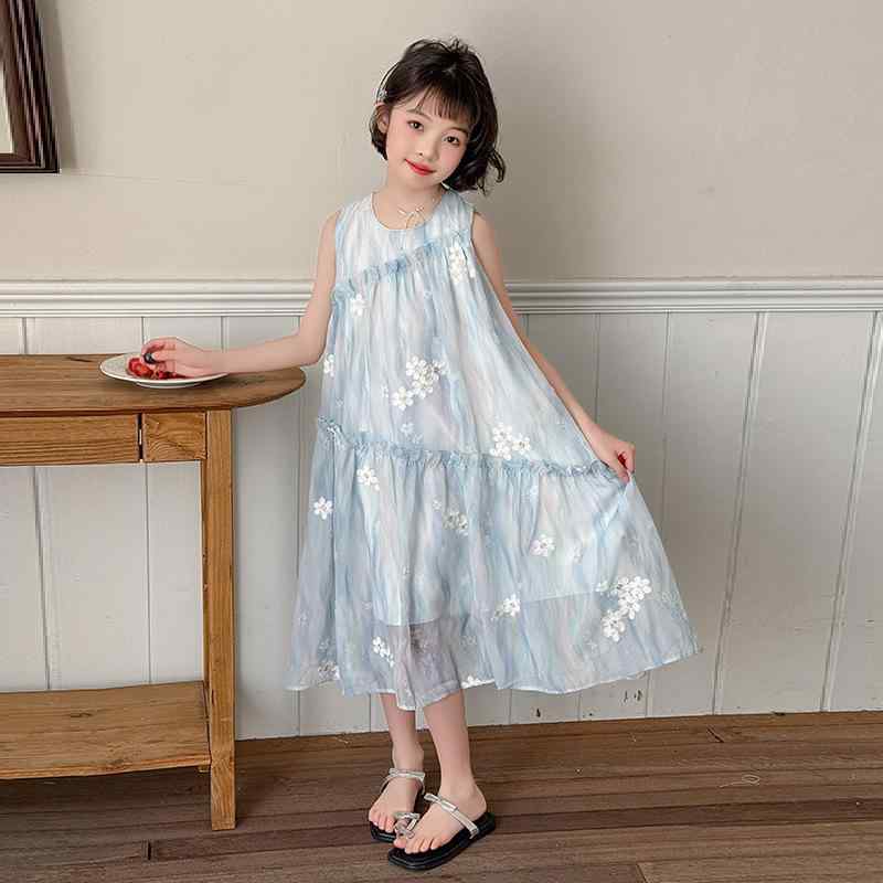 ワンピース キッズ 女の子 ジュニア ノースリーブ シフォン プリンセスドレス 花柄 リゾート ビーチ バカンス お出かけ かわいい おしゃれ Aライン 夏 ブルー ポリエステル