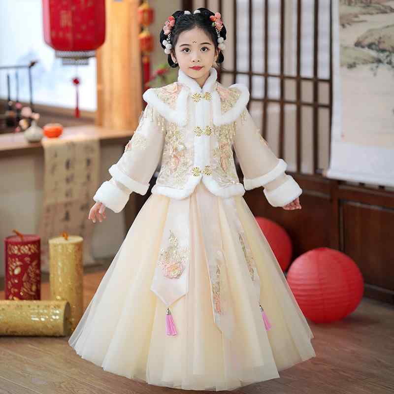 漢服 女の子 子供 キッズ 秋冬 裏起毛 ポリエステル 柔らか素材 厚手 中国風 古風 唐装 セットアップ プリンセスドレス ワンピース