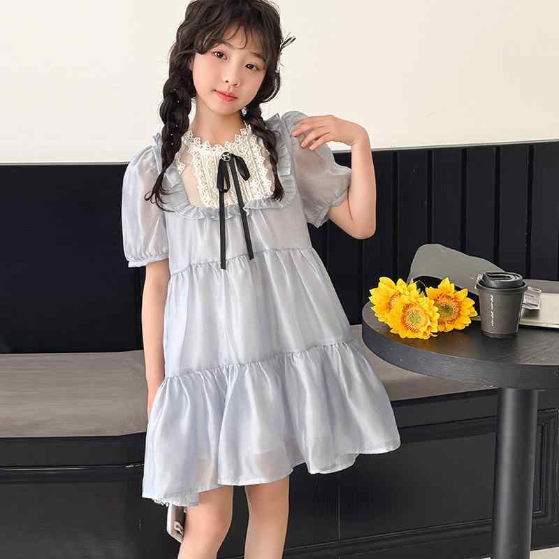 ワンピース キッズ 女の子 ジュニア 夏 プリンセスドレス 高級感 おしゃれ 上品 韓国風 Aライン 半袖 ポリエステル ライトブルー 柔らか素材 お出かけ着