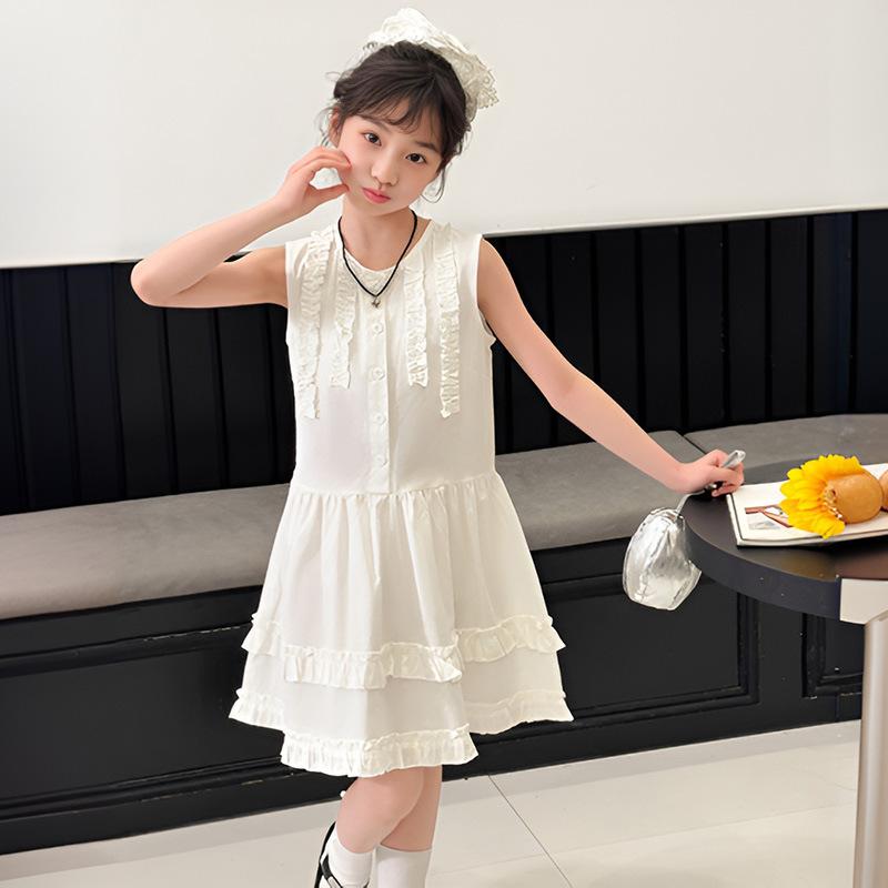 ワンピース 女の子 キッズ ジュニア 中大童 夏 ノースリーブ ベスト ジャンパースカート おしゃれ かわいい 韓国風 コットン 綿 薄手 普段使い お出かけ フリル 白 ホワイト カジュアル Aライン
