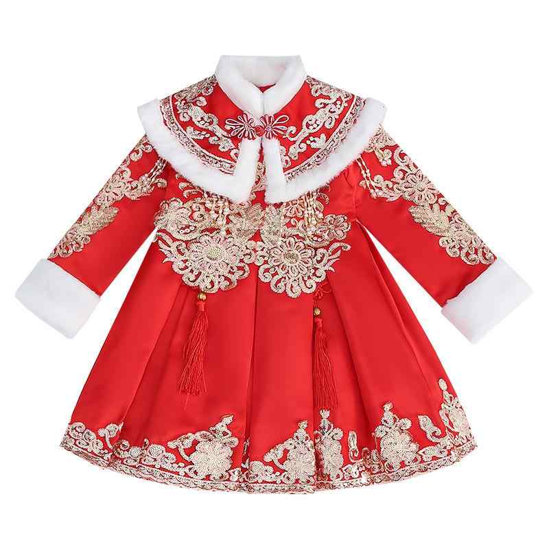 漢服 キッズ 女の子 ワンピース プリンセス 秋冬 裏起毛 厚手 ポリエステル 肌触りの良い お正月 お祝い 中華風