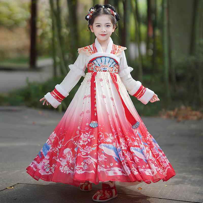漢服 女の子 キッズ ワンピース プリンセス 中国風 唐装 古風 秋冬 裏起毛 厚手 花柄 プリント 切り替え ポリエステル 柔らかな肌触り かわいい お正月 普段使い 晴れ着 レッド 赤色