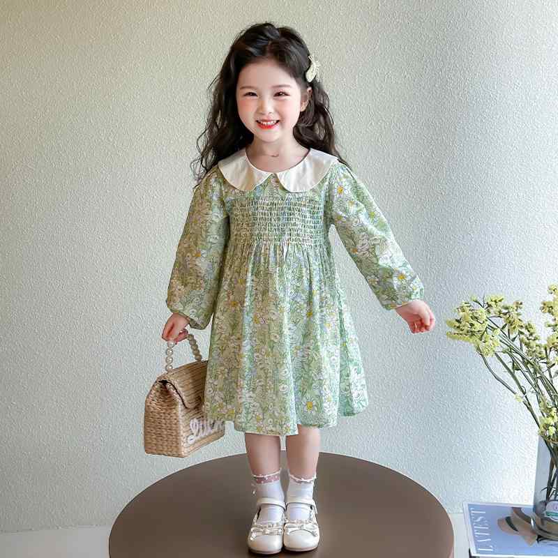 ワンピース キッズ 女の子 子供服 ベビー 長袖 丸襟 小花柄 プリンセスドレス フリル おしゃれ かわいい 上品 ポリエステル 春夏秋 香草緑