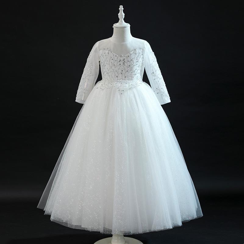 キッズ ドレス 女の子 プリンセスドレス 誕生日 発表会 結婚式 フォーマル セレモニー フラワーガール ロング丈 チュール レース フリル ポリエステル 裏地綿 夏 ホワイト シャンパンカラー 上品 エレガント