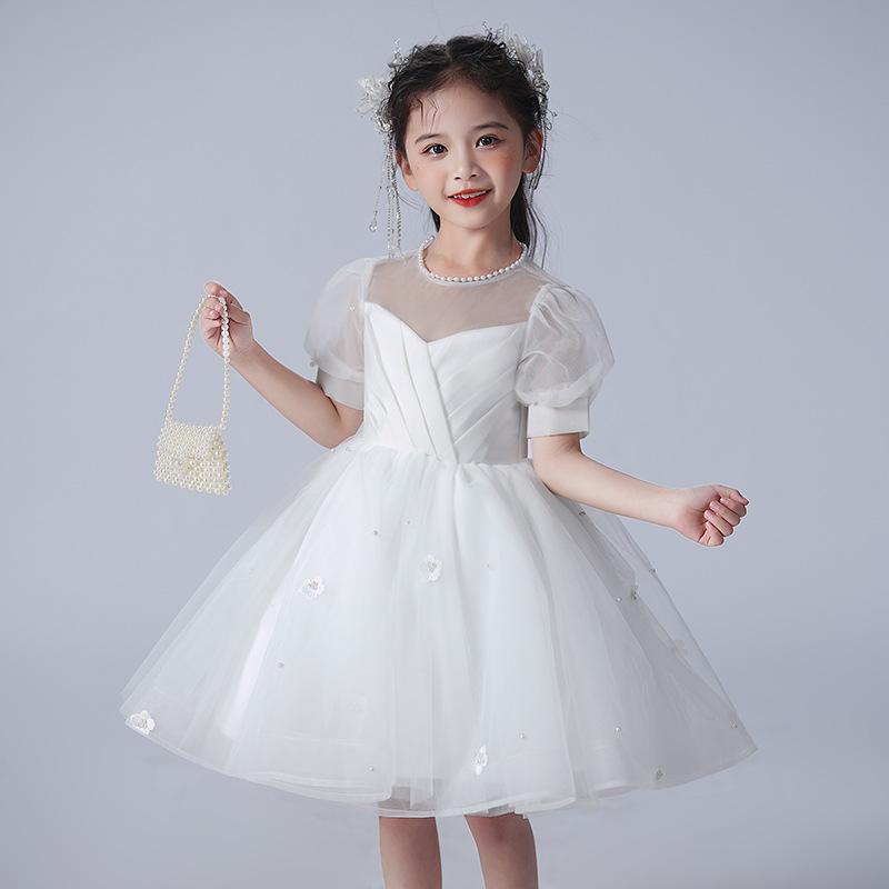 ドレス キッズ 女の子 春夏秋 誕生日 結婚式 フラワーガール ピアノ発表会 プリンセス ポリエステル コットン チュール プリーツ ホワイト 半袖 欧米風