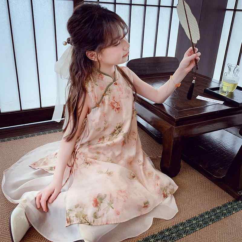 ワンピース チャイナドレス 女の子 キッズ 漢服 プリンセス ノースリーブ 新チャイナスタイル 薄手 綿混 杏色 夏 普段使い お出かけ 華やか エレガント