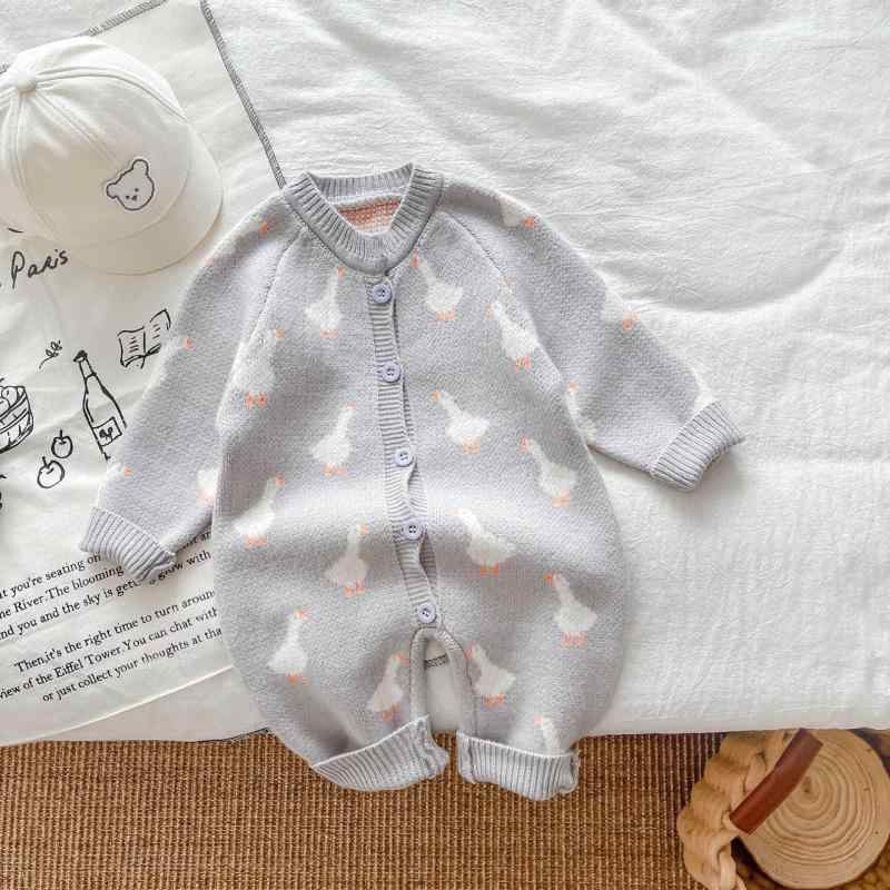 ロンパース ベビー 新生児 男の子 女の子 綿 レーヨン 春秋 韓国風 ニット つなぎ服 長袖 前開き おしゃれ かわいい 外出着 普段着 カバーオール