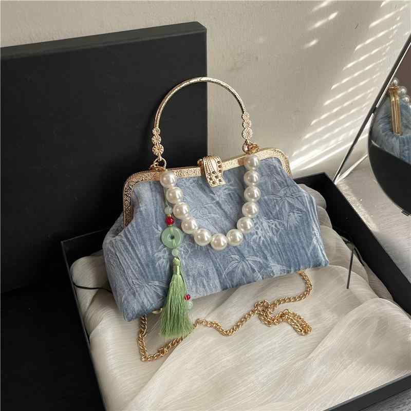 シェルバッグ レディース 女性用 中国風 刺・墸 レトロ パール ハンドバッグ ショルダーバッグ 斜めがけ イブニングバッグ パーティーバッグ チェーン タッセル ベルベット ブラック ソフトタイプ 秋冬 普段使い
