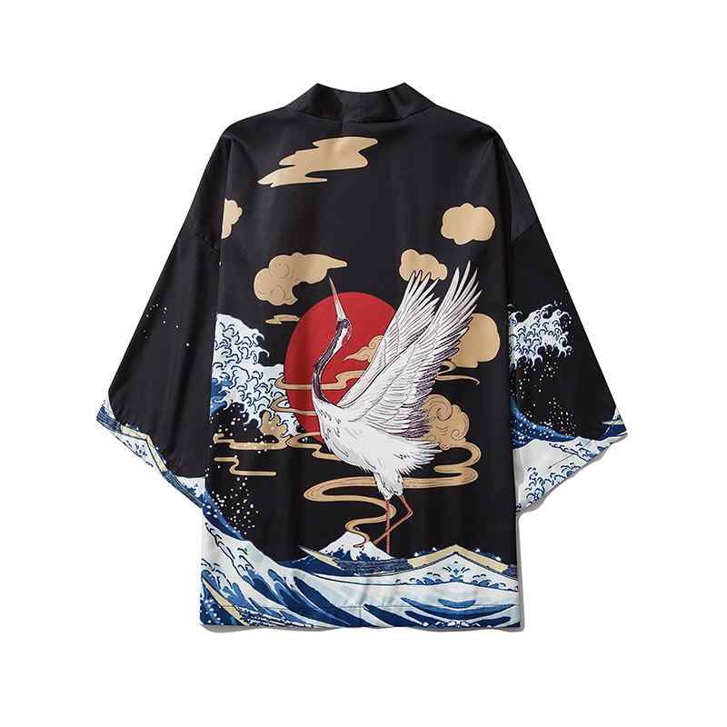 シャツ ユニセックス 和風 レトロ 浮世絵 鶴 波 プリント 七分袖 ゆったり ワイドシルエット 漢服風 カーディガン 羽織り 綿混 カジュアル 普段使い 襟付き ウォッシャブル 黒