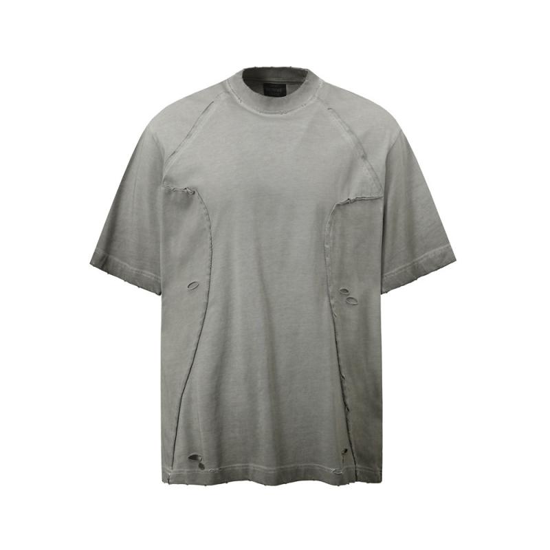 Tシャツ メンズ 半袖 オーバーサイズ ダメージ 切り替え スプレー染色 ダーティ ヴィンテージ ウォッシュ コットン クルーネック ストリート カジュアル 夏 グレー カーキ