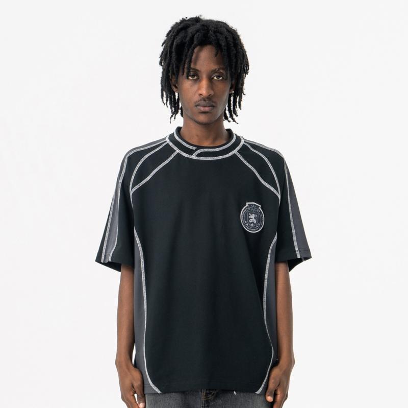 Tシャツ メンズ 春夏 ストリート アメカジ ゆったり オーバーサイズ ドロップショルダー クルーネック 切り替え デザイン ステッチ 無地 コットン 半袖 普段着 ブラック ホワイト