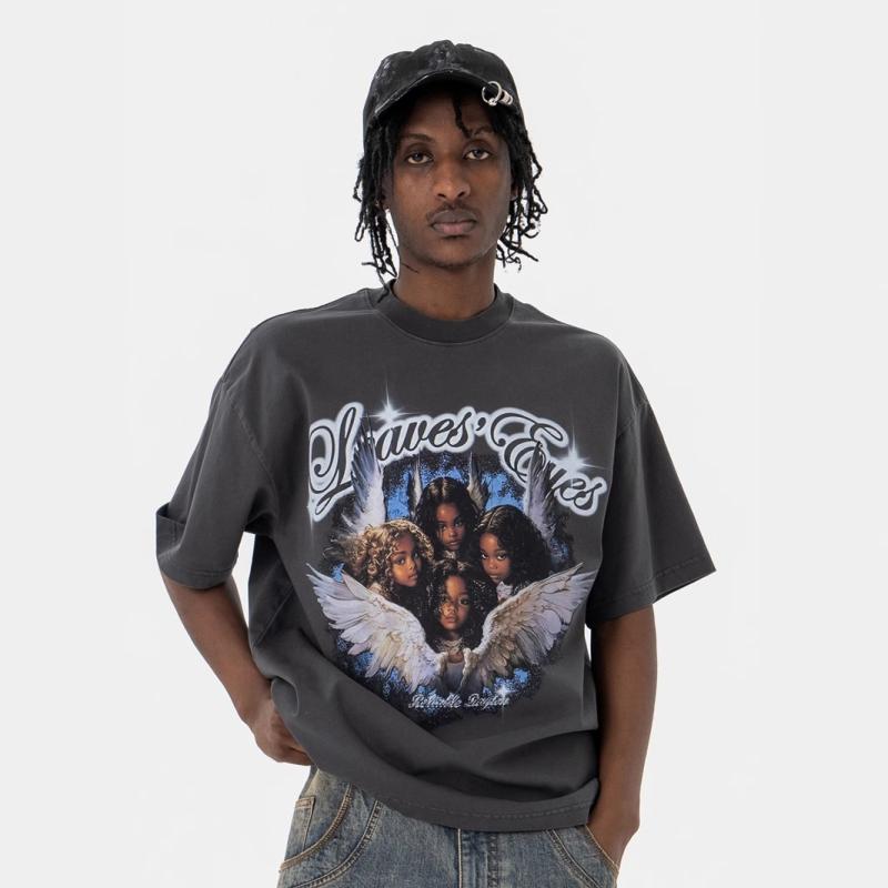 Tシャツ メンズ 半袖 クルーネック エンジェルプリント ダークグレー 綿 ルーズシルエット ドロップショルダー ストリート レトロ ウォッシュ加工 ハイストリート カジュアル 春夏